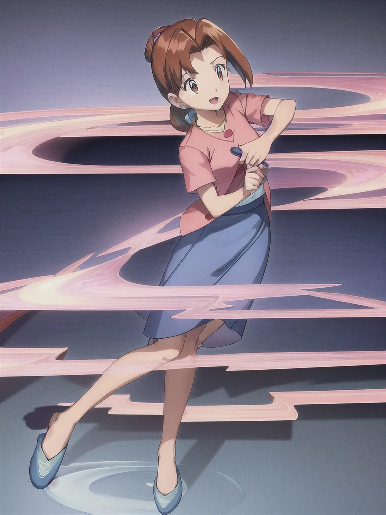 Delia_Ketchum 1girl, full body, looking at viewer, :d, open mouth, (extremely detailed CG unity 8k wallpaper), (masterpiece), (best quality), (ultra-detailed), (best illustration), (best shadow), (absurdres), finely detail, skirt, shirt, blue skirt, long skirt, pink shirt, slippers,