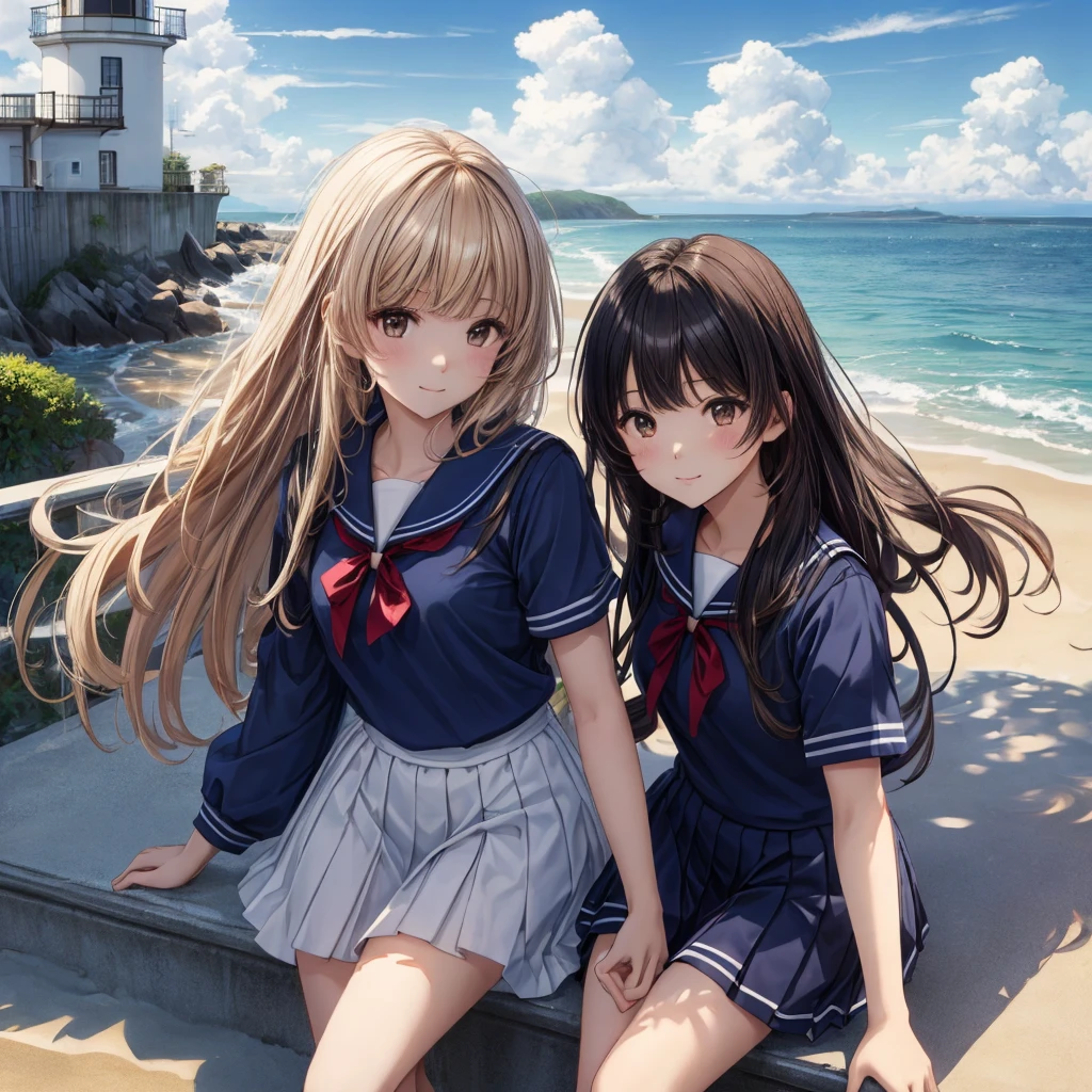 ((最high quality, 8k, masterpiece: 1.3, Ultra HD, high quality, 最high quality, High resolution, realism)) 、Very beautiful 18 year old Japan 、I'm wearing a sailor suit、Wearing a navy blue pleated skirt、Wear loafers、Hair color is light brown、black eye、Medium Hair、Straight hair、smile、sit on a high breakwater on the beach、The blue sky is beautiful、There is a road in front of the breakwater....、The sea is beautiful、Beautiful horizon、 An island is visible offshore、Entering the clouds above the horizon、Island Lighthouse