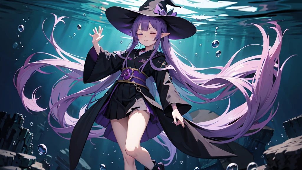 Anime girl. Long purple hair and black robe. Pointy ears. Witch hat. Cute cartoon. Illustration, one. Full body. High school student. Floating in water. Deep underwater. Underwater. Eyes closed.