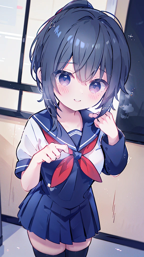 masterpiece, best quality, mature female, solo, 1girl, ayano, black_hair,  grey_eyes,  ponytail, school_uniform, thighhighs, looking at viewer, delicate, light smile,  serafuku, blue sailor collar, white sailor shirt, red neckerchief, short sleeves, blue pleated skirt, black shoes,  delicate, ethereal, beautiful, skirt,short sleeves,looking at viewer, high-definition,masterpiece,best quality, masterpiece, best quality, high resolution, aabeta, double, standing, slim waist, cute, sailor uniform, close up selfie with peace pose (PastelColors: 1.3)