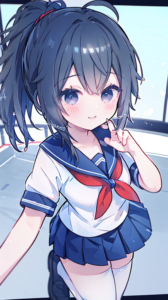 masterpiece, best quality, mature female, solo, 1girl, ayano, black_hair,  grey_eyes,  ponytail, school_uniform, thighhighs, looking at viewer, delicate, light smile,  serafuku, blue sailor collar, white sailor shirt, red neckerchief, short sleeves, blue pleated skirt, black shoes,  delicate, ethereal, beautiful, skirt,short sleeves,looking at viewer, high-definition,masterpiece,best quality, masterpiece, best quality, high resolution, aabeta, double, standing, slim waist, cute, sailor uniform, close up selfie with peace pose (PastelColors: 1.3)