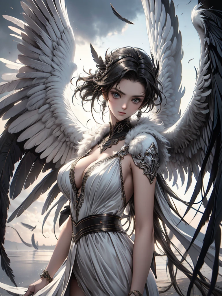 masterpiece, Angel Girl, Brunette with wings, White dress with feathers, Close-up portrait, Delicate face, Lots of black feathers, silver，Black Wings