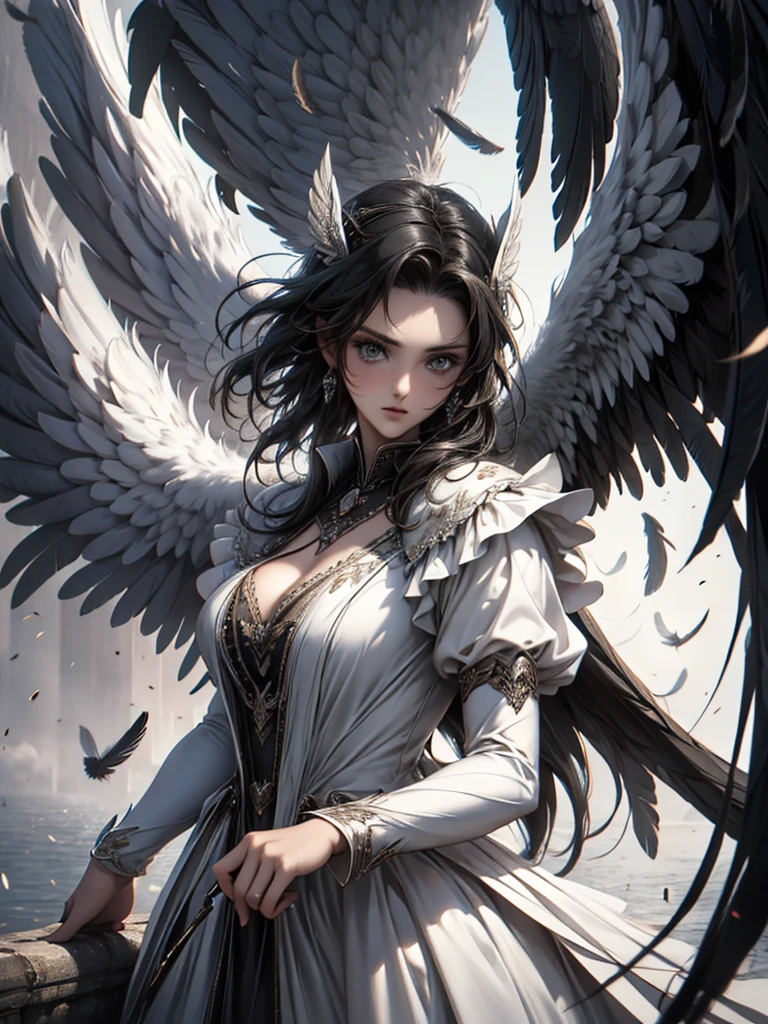 masterpiece, Angel Girl, Brunette with wings, White dress with feathers, Close-up portrait, Delicate face, Lots of black feathers, silver,Black Wings