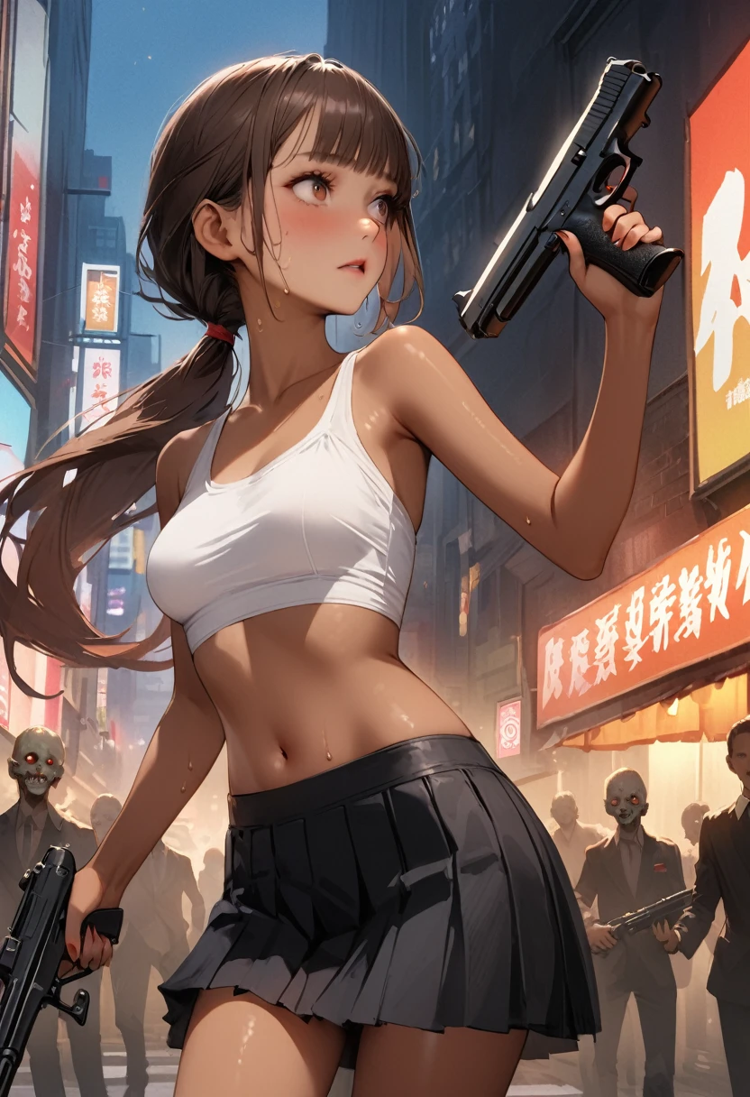 ((masterpiece,Highest quality:1.3,best quality illustration)),(realistic),cowboy shot,独奏,1woman,25 year old beauty,brown hair,ponytail hair,long hair,bangs,brown eyes,(gorgeous big eyes),((very small head:1.3)),((very long body:1.2,skinny)),((tan skin:1.4)),medium breasts,Black leather double rider jacket、White tube top shirt、navel,Black pleated mini skirt,(Holding a precisely rendered handgun、),gleaming skin,slender body,on street,New York City、Resident Evil World、