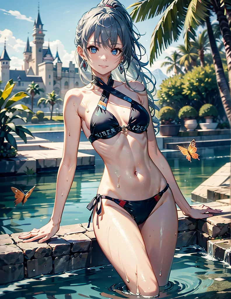 High resolution, masterpiece, accurate, Highest quality, Winner of numerous awards, High-resolution model, 
Heavy bangs，Silver Hair，Wet Hair，Super long hair，ponytail，
slender，White skin，Sharp, thin eyebrows，smile，
Seaside，Western-style castle，
Butterfly Hair Ornament，Crystal Earrings，
Swimwear，Simple bikini，
Character portrait
