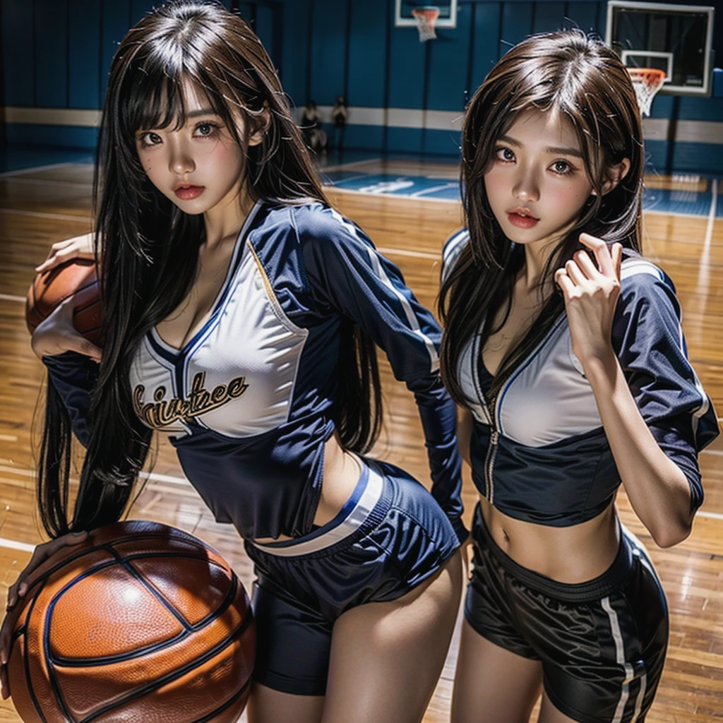 basketball club、Photographing women only、女性basketball club、Beautiful women harem photos、Wolf Cut Hair、A harem of beauties、Photos of 30 year old beauties、Super detailed、Photographing beautiful women、(Naughty uniformsを着てパンツを見せつけている)、Crab-legged pose、Very slim body, Tight waist, Very small head, Very small face, Basketball uniform、Naughty uniforms、Basketball court、casual、Jacket、Harem of beauties、Cleavage、Belly button exposed