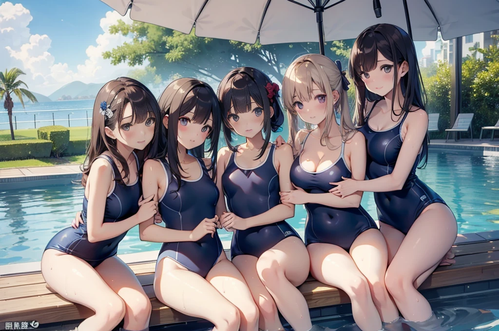 (Highest quality、detailed、masterpiece、８K)、(Five pretty women hugging each other)、slender、Wet Skin、Shiny school swimsuit、sitting by the pool