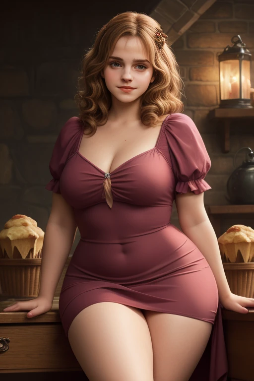 masterpiece, (photorealistic), (8k wallpaper) , (best quality), perfect quality, solo, (detailed eyes:0.9), Ermione, adult, eating muffin, small smile, sexy, very beautiful face, curvy, obese, fat rolls, belly rolls, soft, pink yule dress, see-through dress, muffin top, big deep navel, tight dress, love handles, thunder thighs