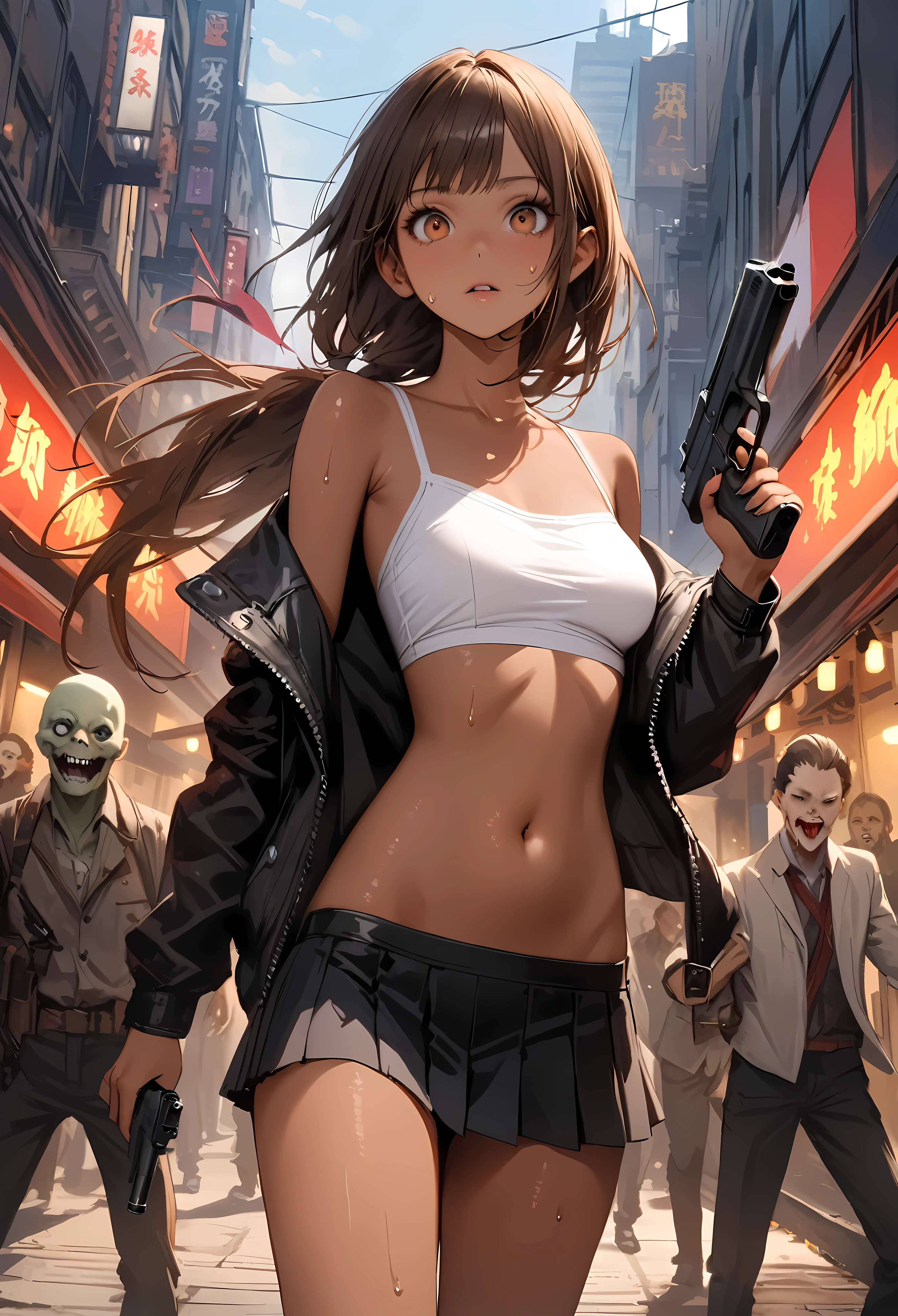 Action Sceneasterpiece,Highest quality:1.3,best quality illustration)),(realistic),cowboy shot,solo,1woman,25 year old beauty,brown hair,ponytail hair,long hair,bangs,brown eyes,(gorgeous big eyes),((very small head:1.3)),((very long body:1.2,skinny)),((tan skin:1.4)),medium breasts,Black leather double rider jacket、White tube top shirt、navel,Black pleated mini skirt,(Hold a gun、Shoot a gun),gleaming skin,slender body,sweat,(Multiple zombies roaming around)、on street,New York City、Resident Evil World、