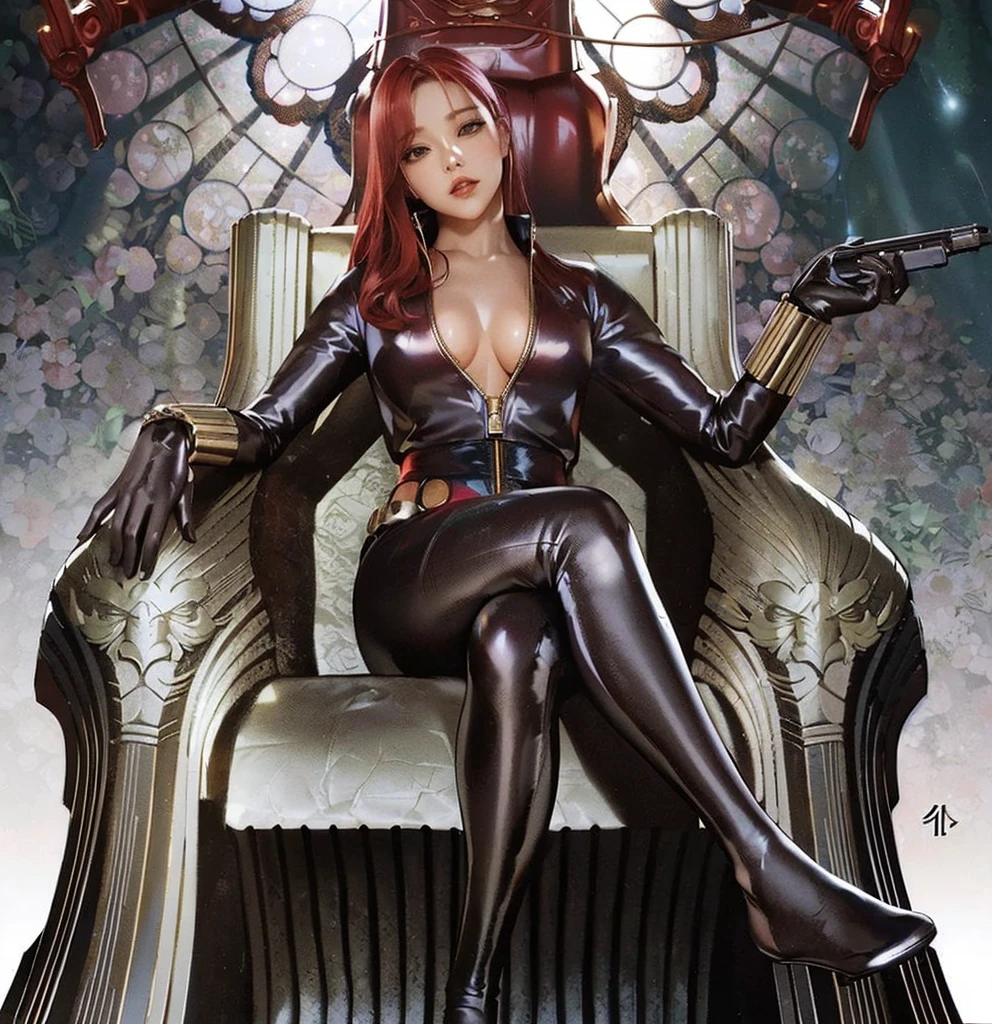 A digitally illustrated image shows an anime girl with red hair wearing a sleek skin-tight shiny black latex bodysuit with a deep-cut zipper neckline revealing a large chest and a silver zipper running down the front. She sits on an ornate, metallic throne. She also wears a leather belt adorned with a golden circle and a wrist guard made of golden sticks. She is holding a gun in her left hand and looks directly at the viewer. The throne and the background are intricately designed, with the throne featuring carvings of flora and fauna and the background showcasing elaborate patterns in blue, pink, and cream, accented with red elements. The setting conveys a blend of modern and futuristic aesthetics.