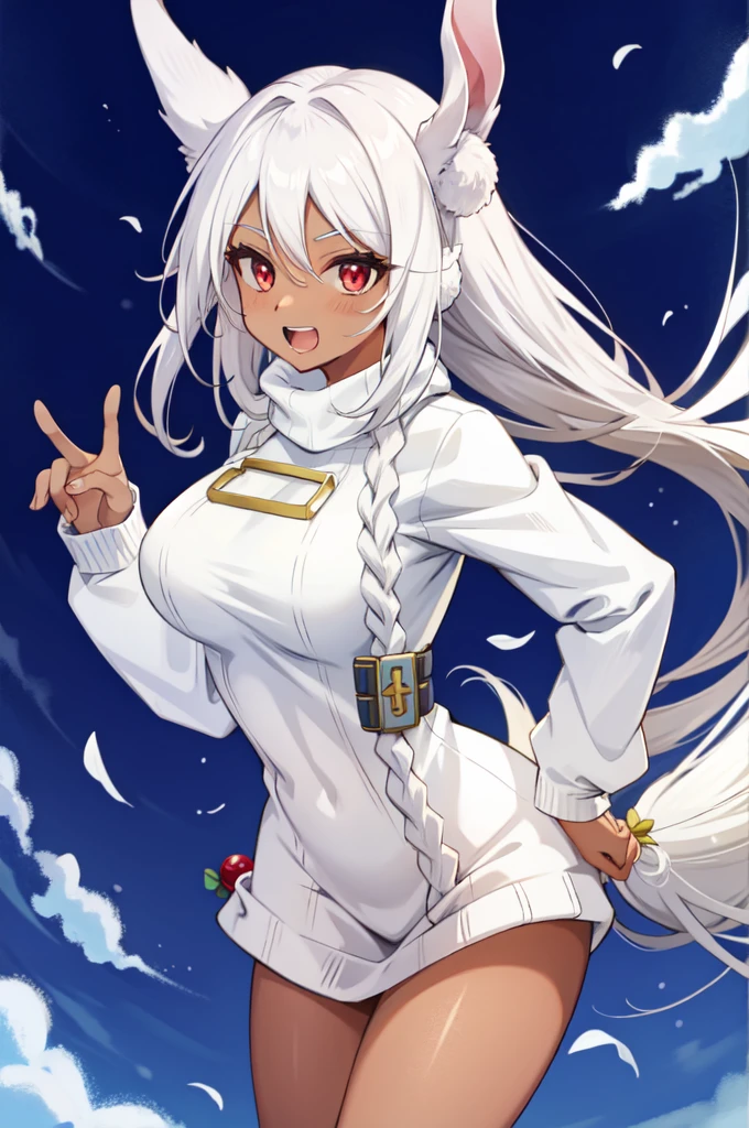 mirko mha, dark-skinned female, turtleneck sweater, large breasts, blush, white sweater, 1girl, rabbit girl, red eyes, turtleneck,  ribbed sweater, smile, animal ears,  long sleeves, rabbit ears, sweater, looking at viewer, solo, white hair, long hair, open mouth, very long hair, dark skin, thighs, teeth