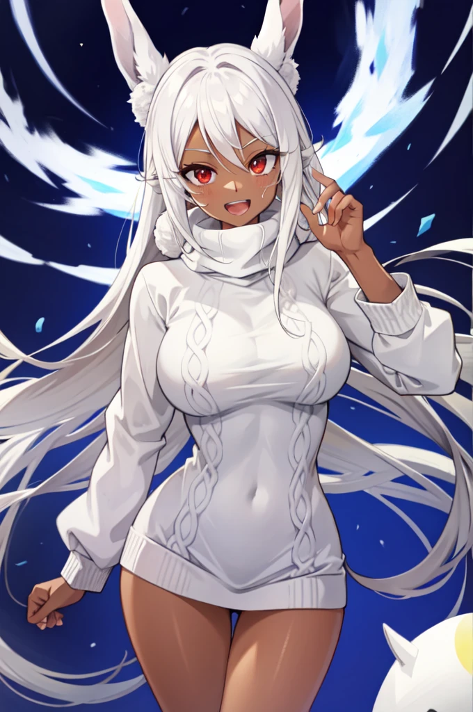 mirko mha, dark-skinned female, turtleneck sweater, large breasts, blush, white sweater, 1girl, rabbit girl, red eyes, turtleneck,  ribbed sweater, smile, animal ears,  long sleeves, rabbit ears, sweater, looking at viewer, solo, white hair, long hair, open mouth, very long hair, dark skin, thighs, teeth