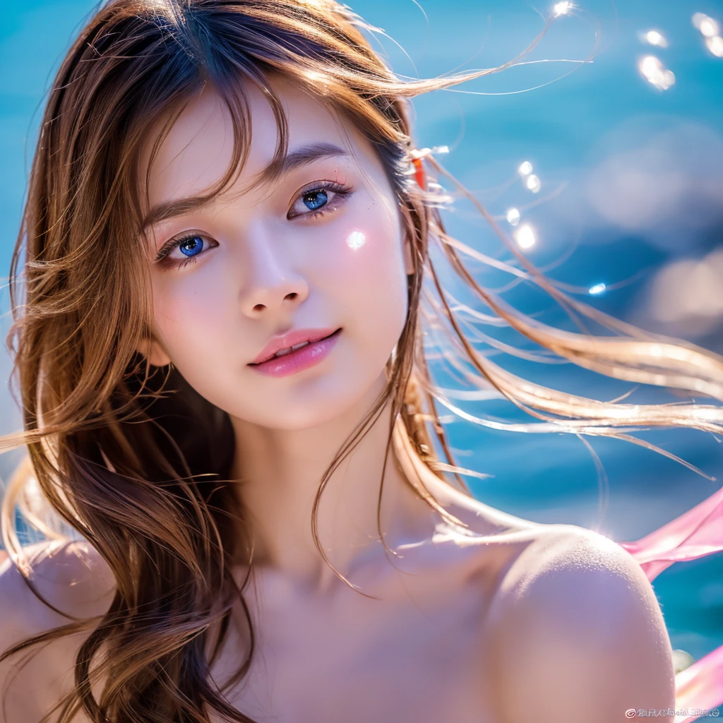 (highest quality, 32k, High resolution, masterpiece:1.5,), Haunting fantasy portrait in abstract style, ((In a swirl of fantastic pastel colors and soft light)), Evoking a sense of soothing tranquility and elusive beauty, Award-winning masterpiece with amazing details, cute asian woman, 20 years old, perfect human anatomy, big magical eyes, gentle smile, ((Shiny detailed brown hair)), Long straight hair tousled by the wind, Beautiful asymmetrical bangs, hair between eyes, smooth and soft skin, thin eyebrows, clear double eyelids, Attractive pink lips, ((naked, Wrap your body in a transparent silk cloth)), High resolution perfect collarbone, High resolution beautiful bust, Slender body with plump breasts, ((Colorful sparkling light effects:1.3)), summer blue sea, The blue, sparkling water surface reflecting light, bright sunshine, professional lighting, professional photographer, Professional models,mysterious