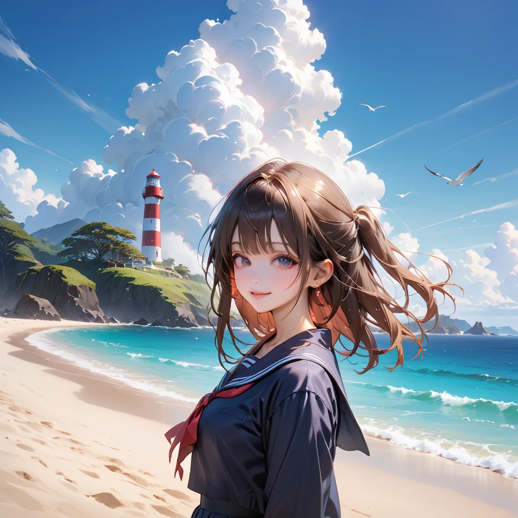 ((最high quality, 8k, masterpiece: 1.3, Ultra HD, high quality, 最high quality, High resolution, realism)) 、Very beautiful 18 year old Japan 、I'm wearing a sailor suit、Wearing a navy blue pleated skirt、Wear loafers、Hair color is light brown、black eye、Medium Hair、Straight hair、smile、sit on a high breakwater on the beach、The blue sky is beautiful、There is a road in front of the breakwater....、The sea is beautiful、Beautiful horizon、 An island is visible offshore、Entering the clouds above the horizon、Island Lighthouse