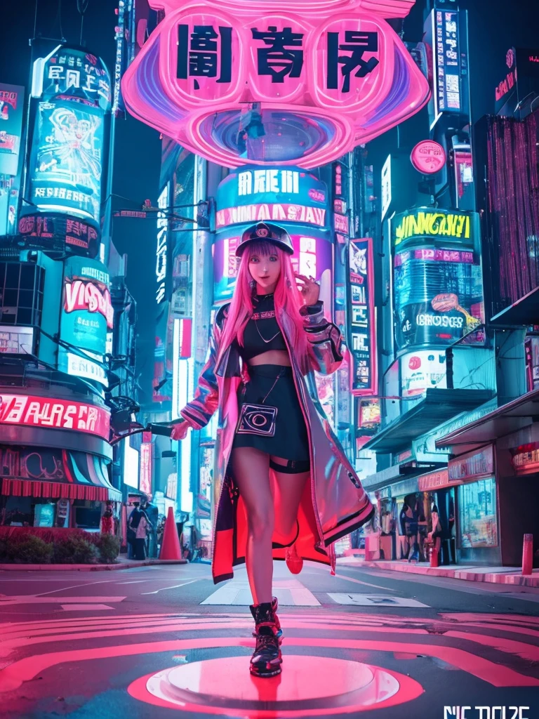 Create image poster concepts Cyberpunk Manga Madness Poster
Background: A bustling cyberpunk cityscape with towering skyscrapers, neon signs, and holographic projections of burgers and fries casting colorful glows in shades of neon blue, purple, and pink.

Character: In the center of the poster, a young woman with vibrant pink hair and large, glowing eyes in a cyberpunk manga style. She is depicted taking a big bite out of a digital-rendered burger, displaying a look of pure enjoyment and excitement.

Fast Food Imagery: Around the character, floating holographic projections of various futuristic fast food items:

Digital pizza slices with glowing toppings
Holographic onion rings emitting digital steam
Neon-lit milkshakes with swirling colors
Typography:

Bold, glowing red "Fast Food Frenzy!" heading with digital effects, placed prominently at the top of the poster.
Floating speech bubble with animated "Get Your Grub On!" tagline in futuristic font, positioned near the character to emphasize the theme.
Color Scheme: Vibrant and electric palette with neon blues, purples, pinks, and digital greens, creating a visually striking cyberpunk atmosphere.

Additional Elements:

Floating holographic icons of a digital ketchup bottle, soda cup, and high-tech chef hat scattered strategically around the poster to enhance the futuristic theme.
Final Touches: Ensure the layout is dynamic and balanced, with enough space for the manga character to stand out amidst the vibrant cyberpunk environment. Incorporate digital effects and neon glows to reinforce the futuristic aesthetic.