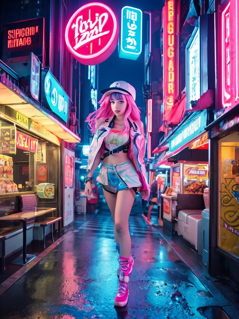 Create image poster concepts Cyberpunk Manga Madness Poster
Background: A bustling cyberpunk cityscape with towering skyscrapers, neon signs, and holographic projections of burgers and fries casting colorful glows in shades of neon blue, purple, and pink.

Character: In the center of the poster, a young woman with vibrant pink hair and large, glowing eyes in a cyberpunk manga style. She is depicted taking a big bite out of a digital-rendered burger, displaying a look of pure enjoyment and excitement.

Fast Food Imagery: Around the character, floating holographic projections of various futuristic fast food items:

Digital pizza slices with glowing toppings
Holographic onion rings emitting digital steam
Neon-lit milkshakes with swirling colors
Typography:

Bold, glowing red "Fast Food Frenzy!" heading with digital effects, placed prominently at the top of the poster.
Floating speech bubble with animated "Get Your Grub On!" tagline in futuristic font, positioned near the character to emphasize the theme.
Color Scheme: Vibrant and electric palette with neon blues, purples, pinks, and digital greens, creating a visually striking cyberpunk atmosphere.

Additional Elements:

Floating holographic icons of a digital ketchup bottle, soda cup, and high-tech chef hat scattered strategically around the poster to enhance the futuristic theme.
Final Touches: Ensure the layout is dynamic and balanced, with enough space for the manga character to stand out amidst the vibrant cyberpunk environment. Incorporate digital effects and neon glows to reinforce the futuristic aesthetic.