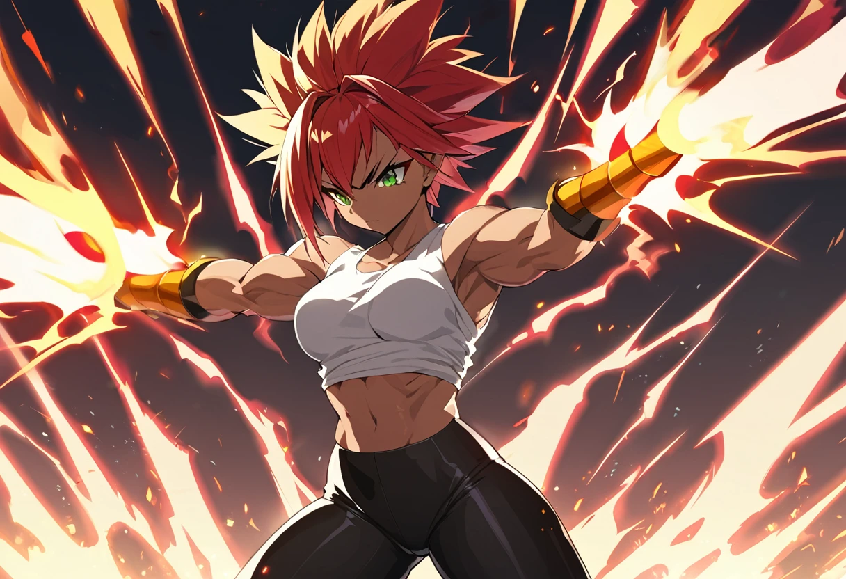 a girl, Saiyan, super saiyan, strong and spiky red hair, green eyes, defined muscles, thin waist, wide hips, dark skin, medium breasts, tight clothes, white t-shirt, black pants, hot red aura around her, heat emanating , making a powerful energy attack with both hands, with a huge red aura around
