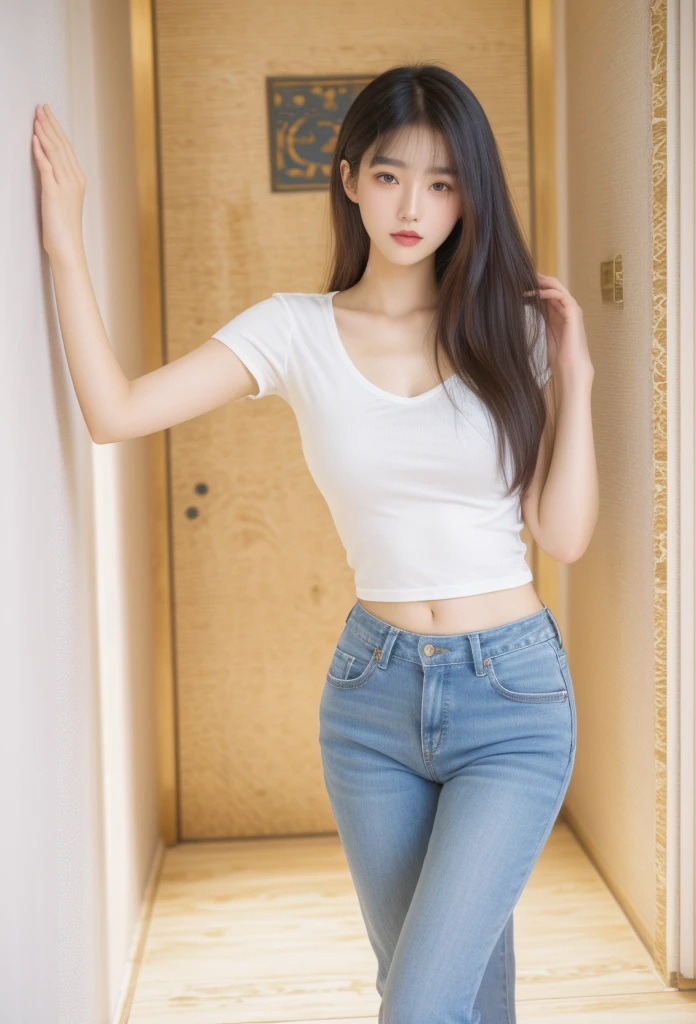 Asian woman in white shirt and jeans leaning against the wall, Beautiful young Korean woman, Photos of slim girls model, Wear tight, simple clothing, Thin waist and thick hips, Beautiful Korean woman, Photos of slim girls, Beautiful young Korean woman, Smooth white tights set, Beautiful Asian girl, Korean Girl, 2 4--old ale model, Beautiful girl model