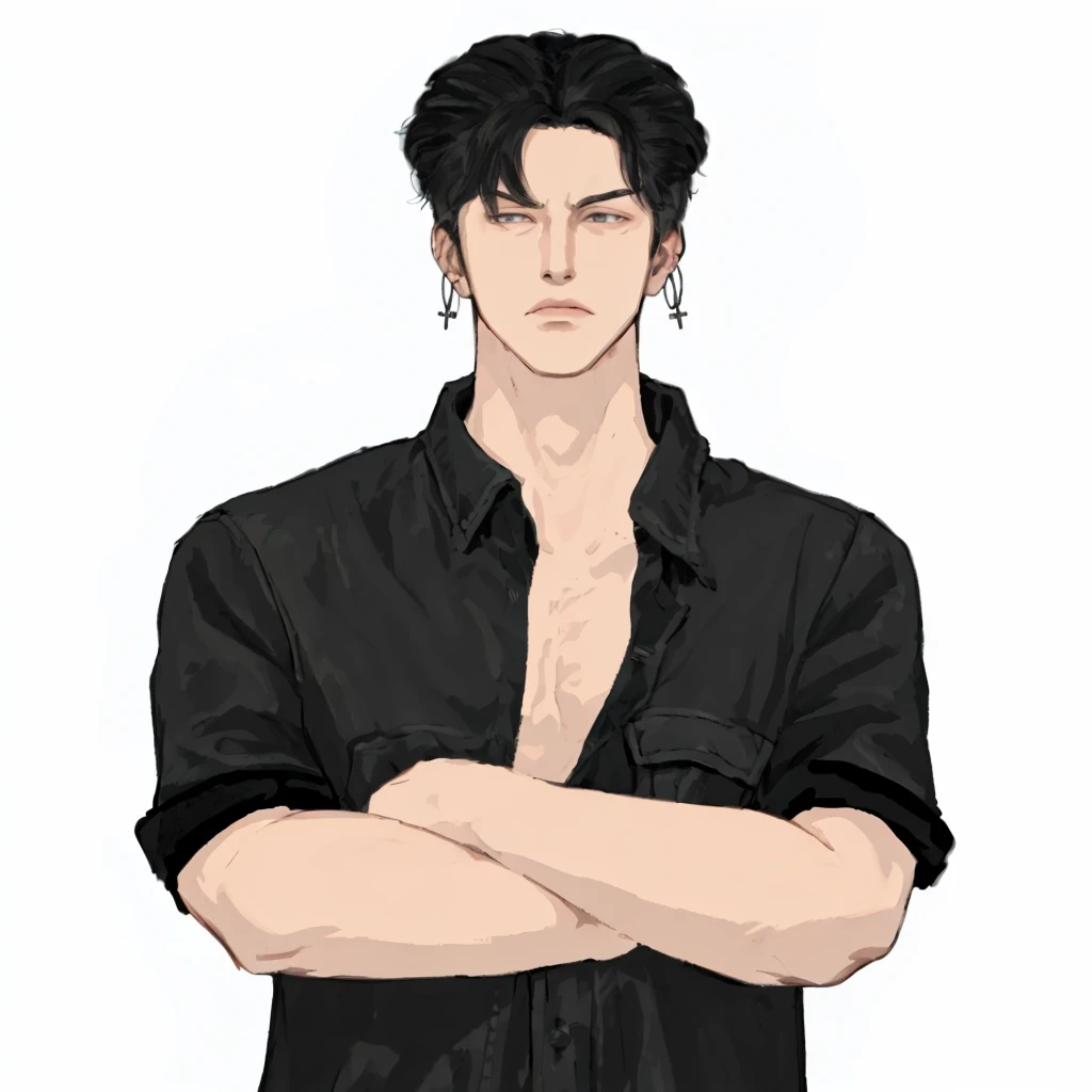 (masterpiece:1.2, best quality), (1men, solo, upper body:1.2),angry face,Hair: buzz cut,Clothing: oversized, distressed denim jacket with patches and pins, paired with black skinny jeans and combat boots, Hanging out in an underground music venue or street art exhibit