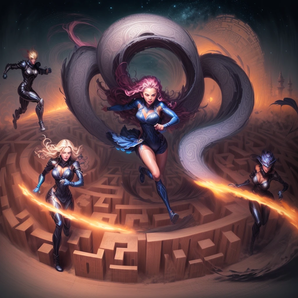 illustration of a woman running through a maze with a woman in the middle, by Justin Gerard, dan mumford and alex grey style, jen bartel, by Jason Benjamin, by Matt Stewart, by Kyle Lambert, by Roberto Parada, kilian eng vibrant colors, by Arik Brauer, by Ignacio Zuloaga, maze-like