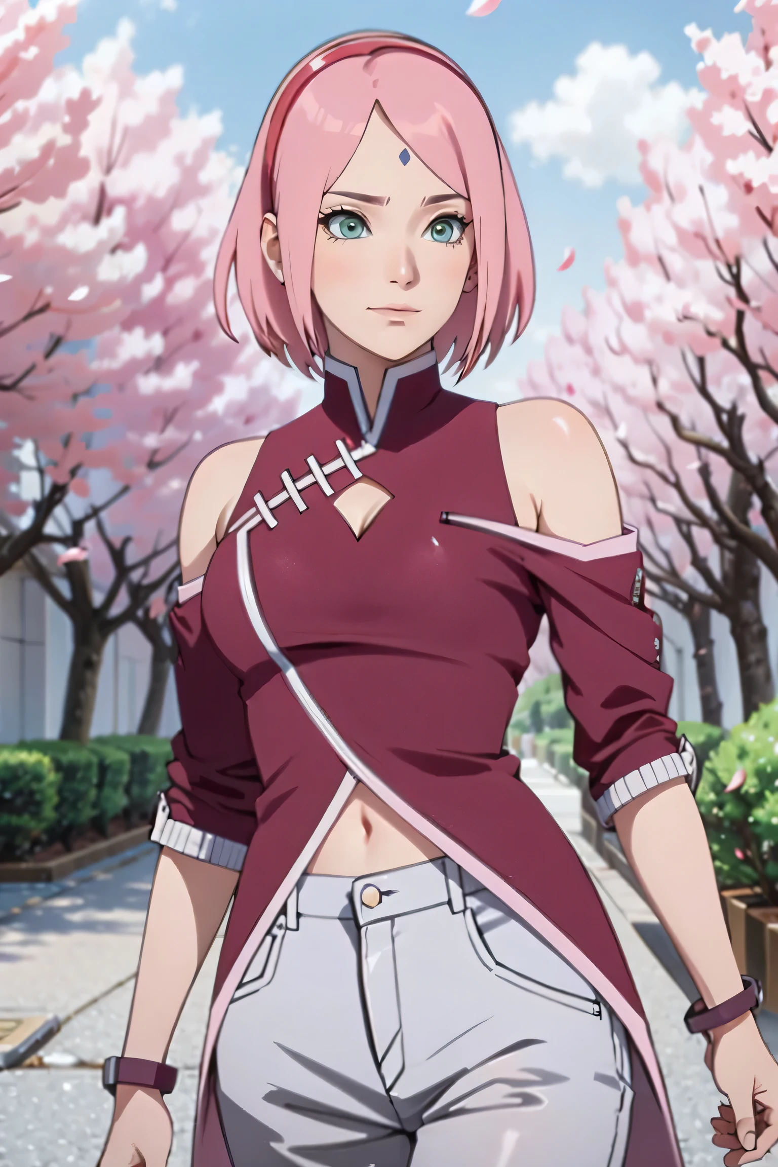 tmasterpiece, Best quality at best, 1girll, Sakura Haruno, Large breasts,Off-the-shoulder attire,(cleavage),(upperbody closeup),Raised sexy,is shy,ssmile,with pink hair,short hair, (Green eyeballs:1.4), Forehead protection, the cherry trees,Cherry blossoms flying,Red clothes,Zipper half, white pant