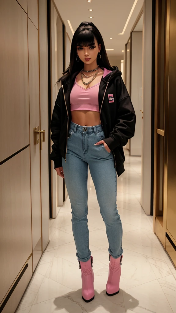 Alisha Lehmann skinny sexy model, black hair with Chinese bangs She is wearing an oversized pink sweatshirt hoodie with big oversized denim jacket street wear tendy wear hands in pockets and big baggy oversized pink sweatpants se has small sexy breasts ankle boots heels sexy skinny thighs,full body view,luxuy hotel lobby hooves earrings, necklace chain,no tattoo walking , big hooves earrings, facing the camera full body view hands in pockets looking at the camera all fingers in the pocket
