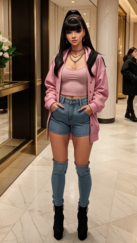 Alisha Lehmann skinny sexy model, black hair with Chinese bangs She is wearing an oversized pink sweatshirt hoodie with big oversized denim jacket street wear tendy wear hands in pockets and big baggy oversized pink sweatpants se has small sexy breasts ankle boots heels sexy skinny thighs,full body view,luxuy hotel lobby hooves earrings, necklace chain,no tattoo walking , big hooves earrings, facing the camera full body view hands in pockets looking at the camera all fingers in the pocket