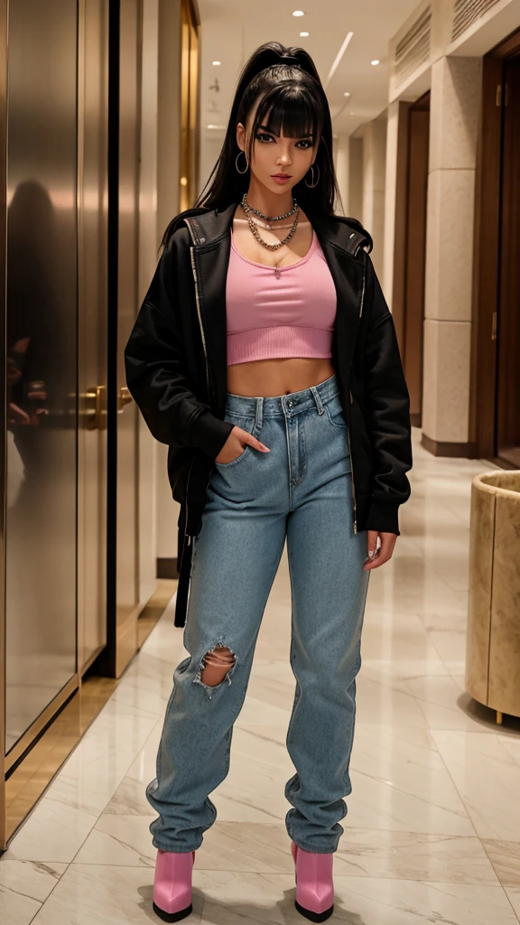 Alisha Lehmann skinny sexy model, black hair with Chinese bangs She is wearing an oversized pink sweatshirt hoodie with big oversized denim jacket street wear tendy wear hands in pockets and big baggy oversized pink sweatpants se has small sexy breasts ankle boots heels sexy skinny thighs,full body view,luxuy hotel lobby hooves earrings, necklace chain,no tattoo walking , big hooves earrings, facing the camera full body view hands in pockets looking at the camera all fingers in the pocket