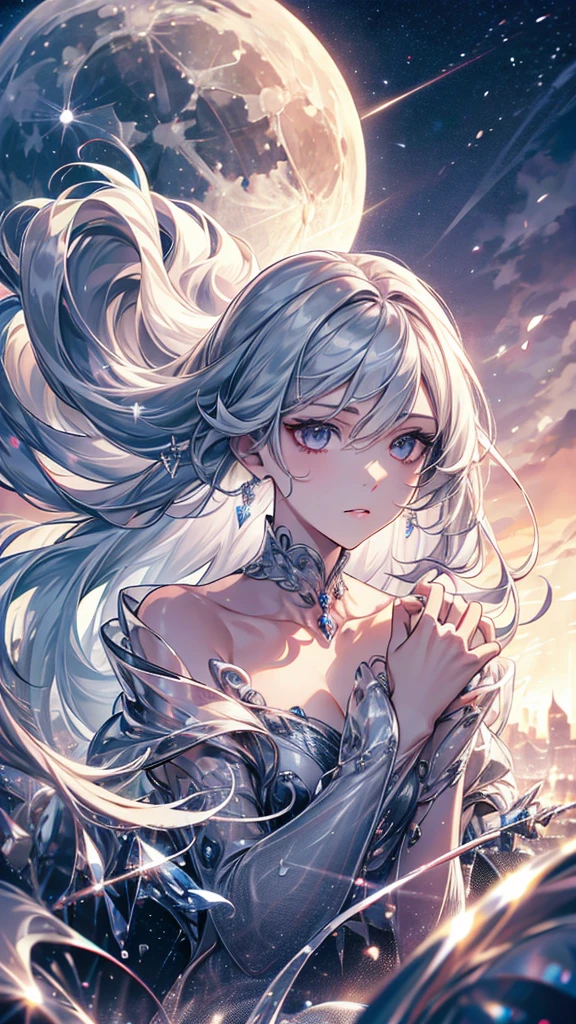 silver hair, crystal hair, floating hair, Surrealism, 8k, super detail, UHD, masterpiece, accurate, anatomically correct, textured skin, super detail, high details, high quality, award winning, best quality, highres
"Create an image of a girl themed around the moon. She has long silver hair and a quiet demeanor, appearing to gaze at someone with a calm, solitary expression."