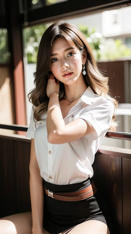 (High resolution 8K, Masterpiece, Only the best quality complicated details Chromatic aberration) realistic ((small breasts)) I rubbed one eye.., Very large round silver earrings worn on the ears...., Diamond choker, red gemstone necklace, medium sized silver สร้อยคอ, bracelet, Many bracelets, leather strap watch, Anklet, stilettos, sharp eyes, (symmetrical eyes), (Perfect symmetrical body), (Photo of a beautiful 19 year old age girl....), Beautiful and charming with contemporary fashion paintings as well..., looking at the audience, ((Sitting in a five-story red amphitheater behind a large glass room...)), ((black short skirt)),(((tired ((white short sleeve shirt), ( Open the shirt and show off the small breasts.,Soft milk), not good)), (open chest),)), (Medium soft chest)), (Long square leather belt buckle), Put your hands down, (Light brown golden blonde bob, large spiral curls, (There is some hair covering the face.....)), sharp eyeliner, dark eyes, eyelid, Blush with thick eyelashes, Curly eyelashes, Very delicate and beautiful, Sharp focus. elegant. (Spread your legs moderately in the stands.... ) (open legs, Look at the panties....) (open legsของคุณและยกขาซ้ายขึ้น. (natural release) it&#39;it&#39;It&#39;s an interesting example..., Keep your legs at natural eye level....., separate from each other, black stockings, (university set)
