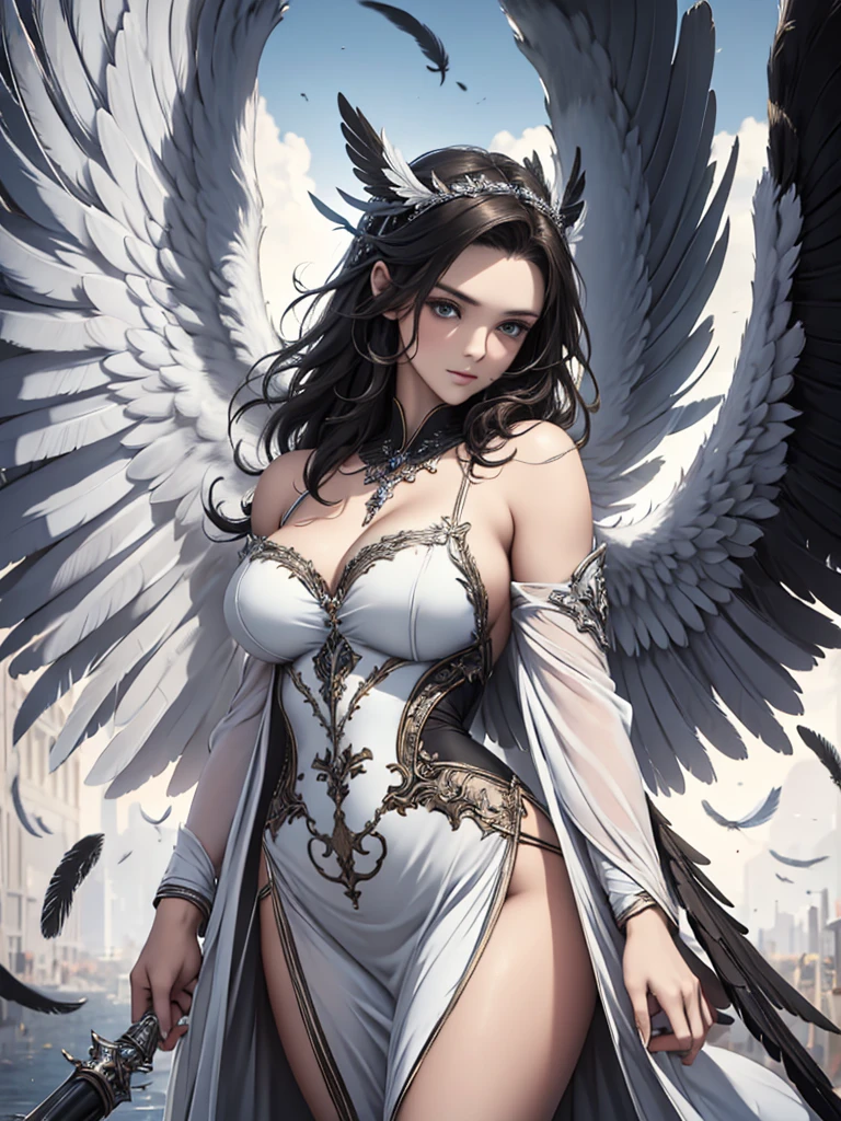 masterpiece, Angel Girl, Brunette with wings, White dress with feathers, Close-up portrait, Delicate face, Lots of black feathers, silver,Black Wings