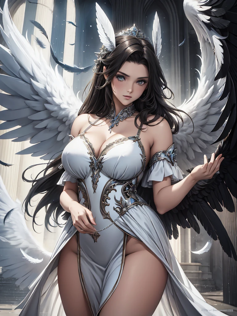 masterpiece, Angel Girl, Brunette with wings, White dress with feathers, Close-up portrait, Delicate face, Lots of black feathers, silver，Black Wings