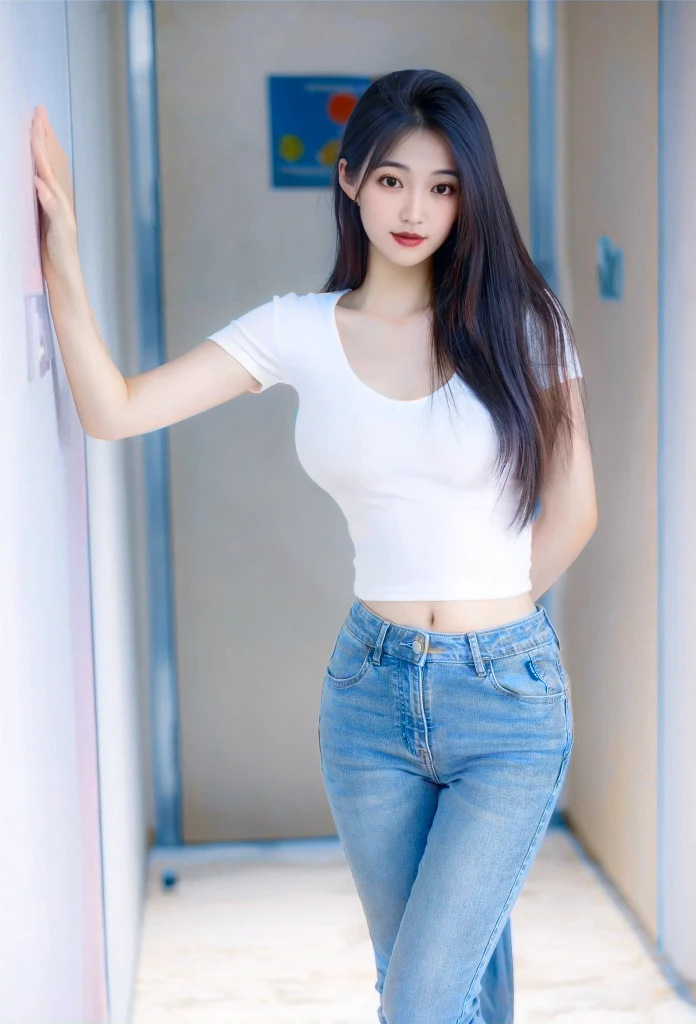 Asian woman in white shirt and jeans leaning against the wall, Beautiful young Korean woman, Photos of slim girls model, Wear tight, simple clothing, Thin waist and thick hips, Beautiful Korean woman, Photos of slim girls, Beautiful young Korean woman, Smooth red tights set, Beautiful Asian girl, Korean Girl, 2 4-year-old female model, Beautiful girl model