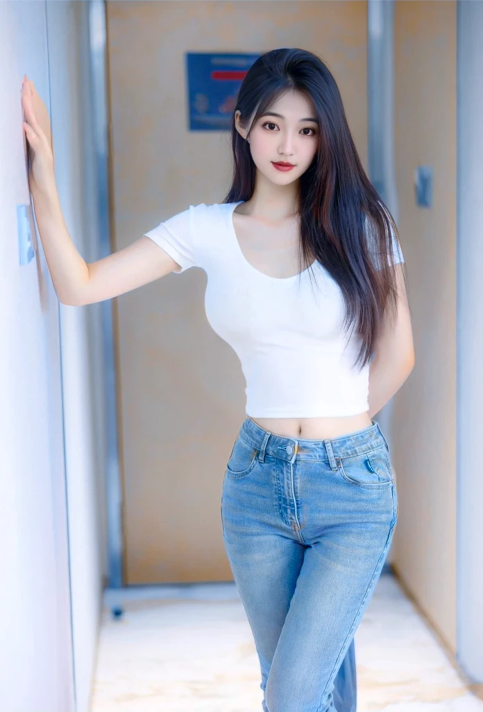 Asian woman in white shirt and jeans leaning against the wall, Beautiful young Korean woman, Photos of slim girls model, Wear tight, simple clothing, Thin waist and thick hips, Beautiful Korean woman, Photos of slim girls, Beautiful young Korean woman, Smooth red tights set, Beautiful Asian girl, Korean Girl, 2 4-year-old female model, Beautiful girl model