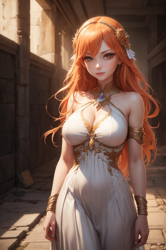 a woman with long ORANGE HAIR, a beautiful white dress with intricate neckline, mysterious smile, ancient temple in ruins, dark sky, subtle glowing mana around, (best quality,4k,8k,highres,masterpiece:1.2),ultra-detailed,(,photorealistic,photo-realistic:1.37),cinematic lighting,dramatic atmosphere,fantasy,concept art,depth of field,vibrant colors