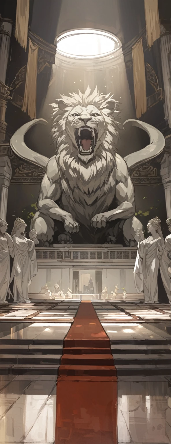 Comic scene,The grand palace,There is a lion monster statue in the middle,There are four pillars next to it,Light and Shadow,Atmosphere,Beautiful scene wallpaper