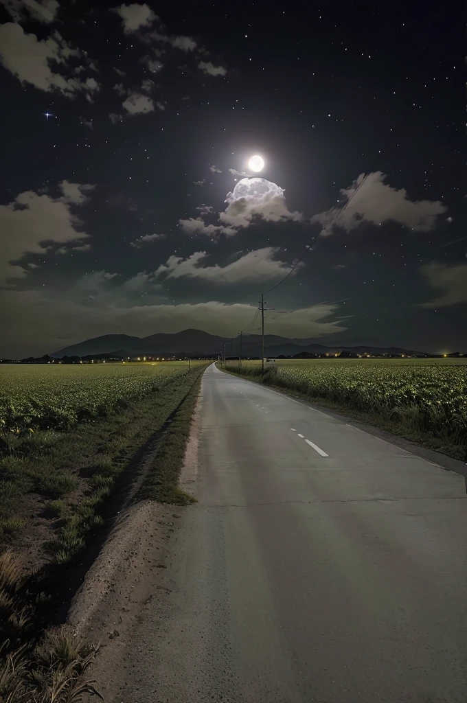 there is a road that is next to a field with a full moon, street moon landscape, night photography, night time photography, night time photograph, photography at night, scenic view at night, night scenery, night sky photography, night time footage, night photo, at night with moon light, moonlit night dreamy atmosphere, nighttime photography, walking towards the full moon