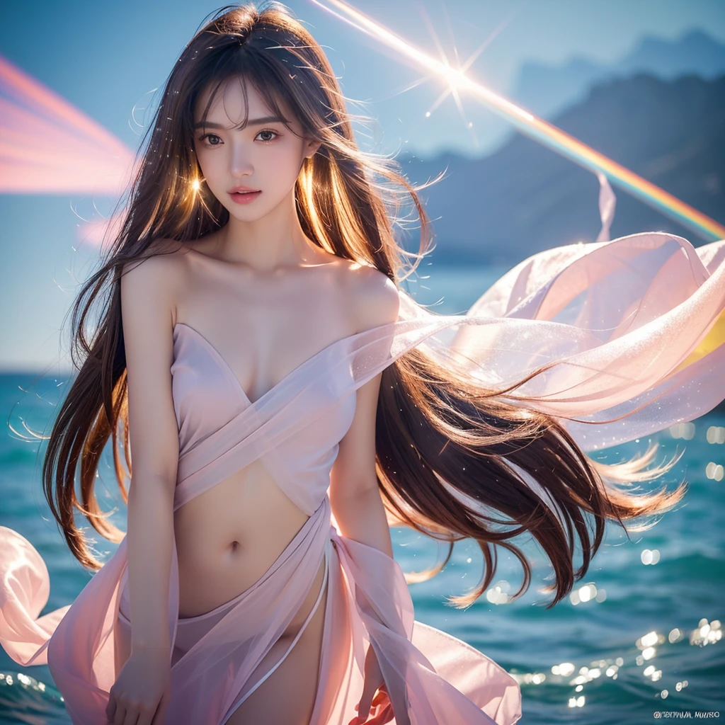 (highest quality, 32k, High resolution, masterpiece:1.5,), Haunting fantasy portrait in abstract style, ((In a swirl of fantastic pastel colors and soft light)), Evoking a sense of soothing tranquility and elusive beauty, Award-winning masterpiece with amazing details, cute woman, medium round breasts , perfect human anatomy, big magical eyes, gentle smile, ((Shiny detailed brown hair)), Long straight hair tousled by the wind, Beautiful asymmetrical bangs, hair between eyes, smooth and soft skin, thin eyebrows, clear double eyelids, Attractive pink lips, ((naked, Wrap your body in a transparent silk cloth)), High resolution perfect collarbone, High resolution beautiful bust, Slender body with round breasts, ((Colorful sparkling light effects:1.3)), summer blue sea, The blue, sparkling water surface reflecting light, bright sunshine, professional lighting, professional photographer, Professional models,mysterious