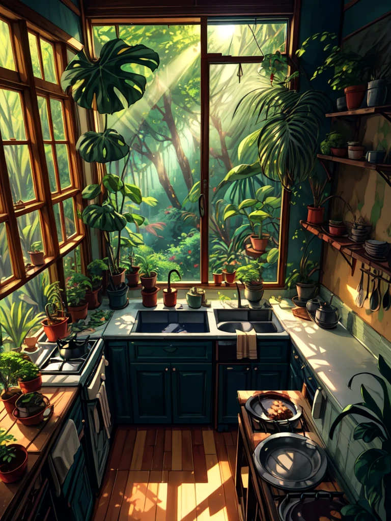 super wide perspective, an indoor view of beautiful indo kitchen, forest visible from window, ghibli anime scene, pots with tropical leafy plants, shelf, organiser, sunrays falling on table, utensils, refrigerator, shadows, cinematic color tones, subtle light, vibrant color tones, ghibli style, no humans, scenery, masterpiece, high resolution