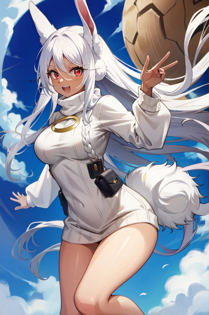 mirko mha, dark-skinned female, turtleneck sweater, large breasts, blush, white sweater, 1girl, rabbit girl, red eyes, turtleneck,  ribbed sweater, smile, animal ears,  long sleeves, rabbit ears, sweater, looking at viewer, solo, white hair, long hair, open mouth, very long hair, dark skin, thighs, teeth