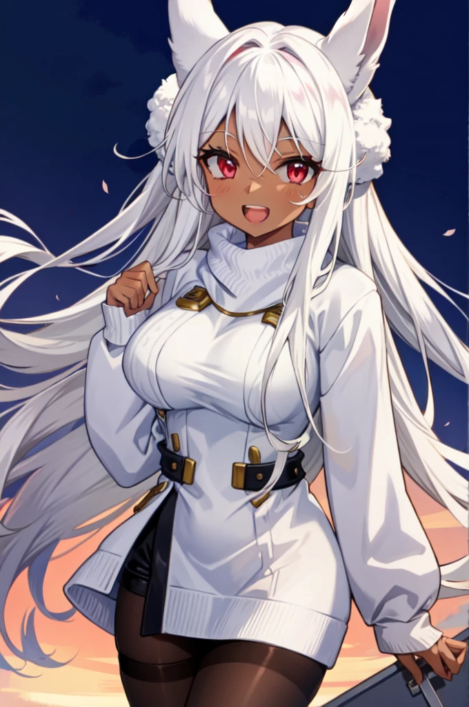 mirko mha, dark-skinned female, turtleneck sweater, large breasts, blush, white sweater, 1girl, rabbit girl, red eyes, turtleneck,  ribbed sweater, smile, animal ears,  long sleeves, rabbit ears, sweater, looking at viewer, solo, white hair, long hair, open mouth, very long hair, dark skin, thighs, teeth