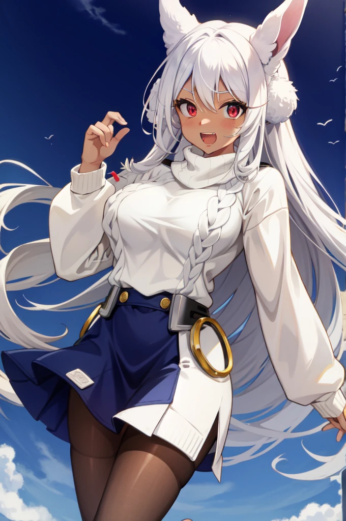 mirko mha, dark-skinned female, turtleneck sweater, large breasts, blush, white sweater, 1girl, rabbit girl, red eyes, turtleneck,  ribbed sweater, smile, animal ears,  long sleeves, rabbit ears, sweater, looking at viewer, solo, white hair, long hair, open mouth, very long hair, dark skin, thighs, teeth