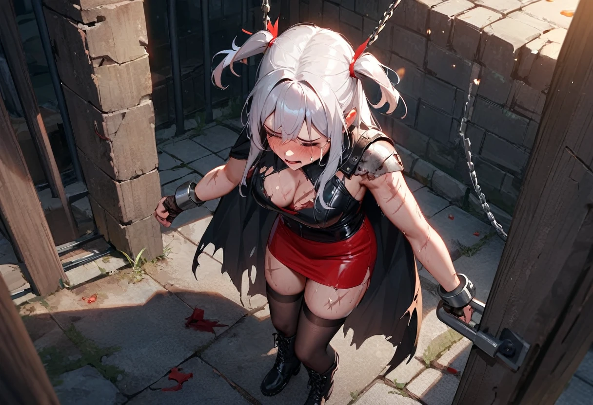 (best quality), (masterpiece), very aesthetic, absurdres, high res, all detailed, realistic, 1girl, (two side up), long hair, silver hair, (red pencil Dress, one side shoulders armor with Cape, red pencil miniskirt), medium cleavage, Gauntlet, boots, [black thigh-highs], [white panties], (injury skin, scar skin, bleeding skin, torn clothes:1.1), Broken Armor, BREAK zettai ryouiki, (standingspreadeagle, chains restrained, \o/, bound limbs), (closed eyes), cry, tears, sigh, blush, sweat, (outdoors, prison), cinematic lighting, diffraction spikes, (from above:1.2),