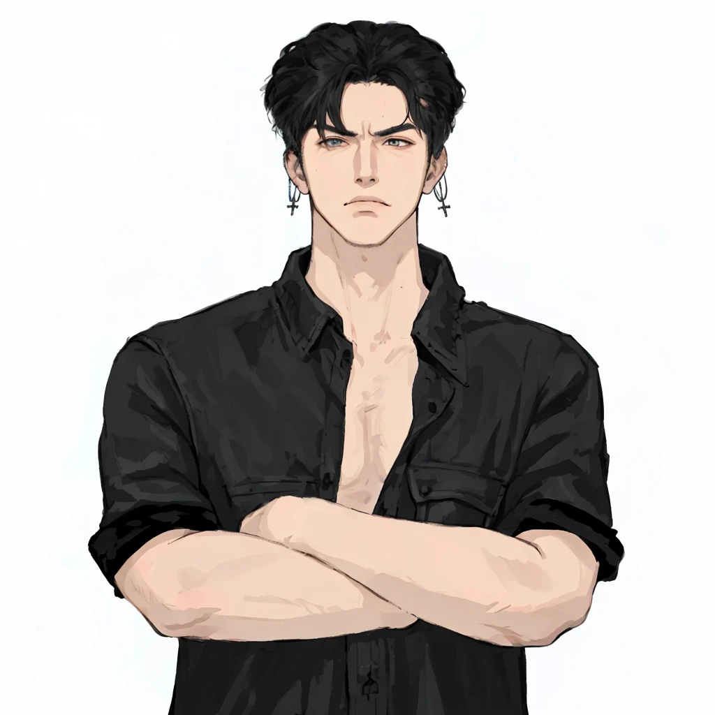 (masterpiece:1.2, best quality), (1men, solo, upper body:1.2),angry face,Hair: buzz cut,Clothing: oversized, distressed denim jacket with patches and pins, paired with black skinny jeans and combat boots, Hanging out in an underground music venue or street art exhibit