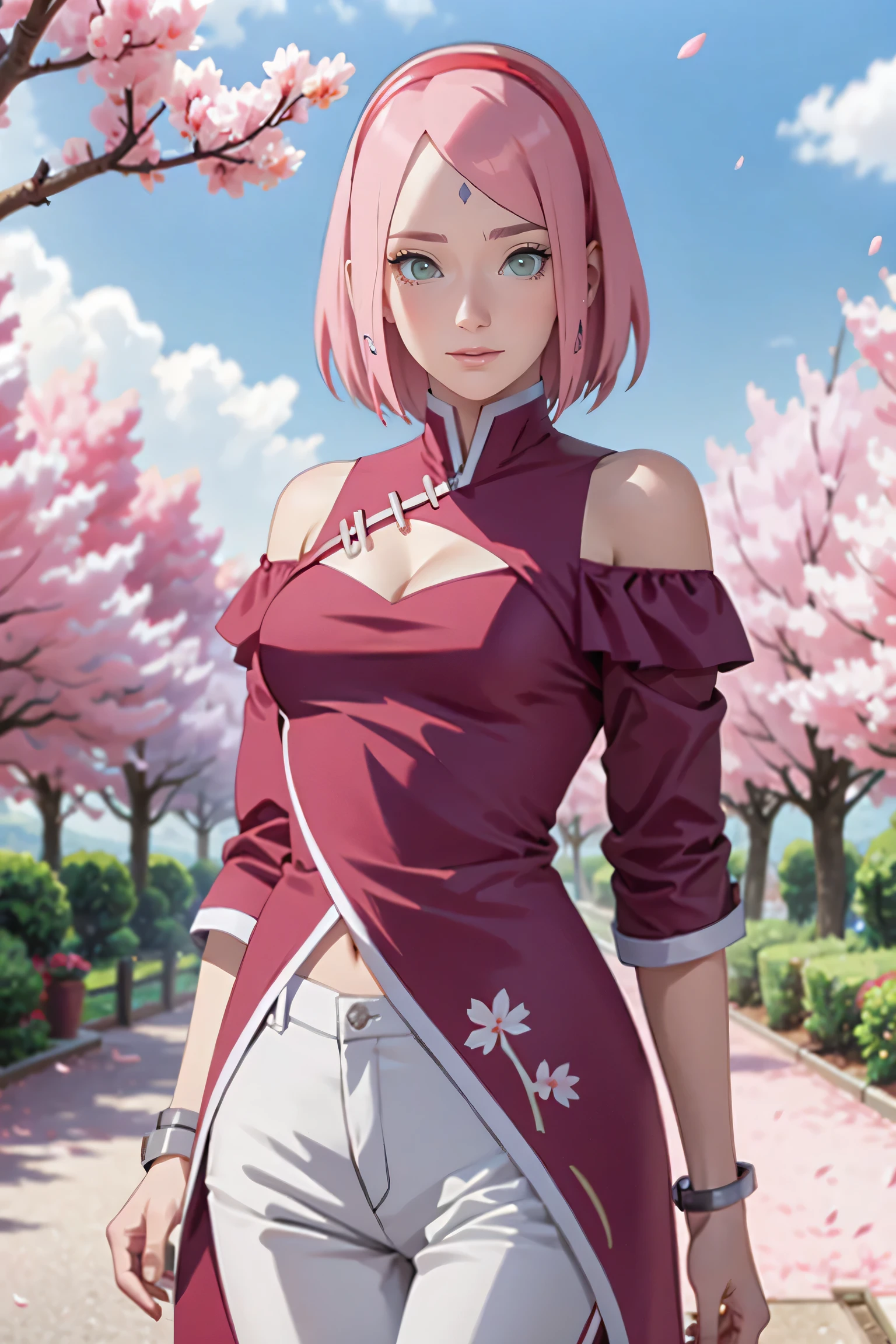 tmasterpiece， Best quality at best， 1girll， Sakura Haruno， Large breasts，Off-the-shoulder attire，（cleavage)，（upperbody closeup)，Raised sexy，is shy，ssmile，with pink hair，short hair， （Green eyeballs:1.4)， Forehead protection， the cherry trees，Cherry blossoms flying，Red clothes，Zipper half, white pant