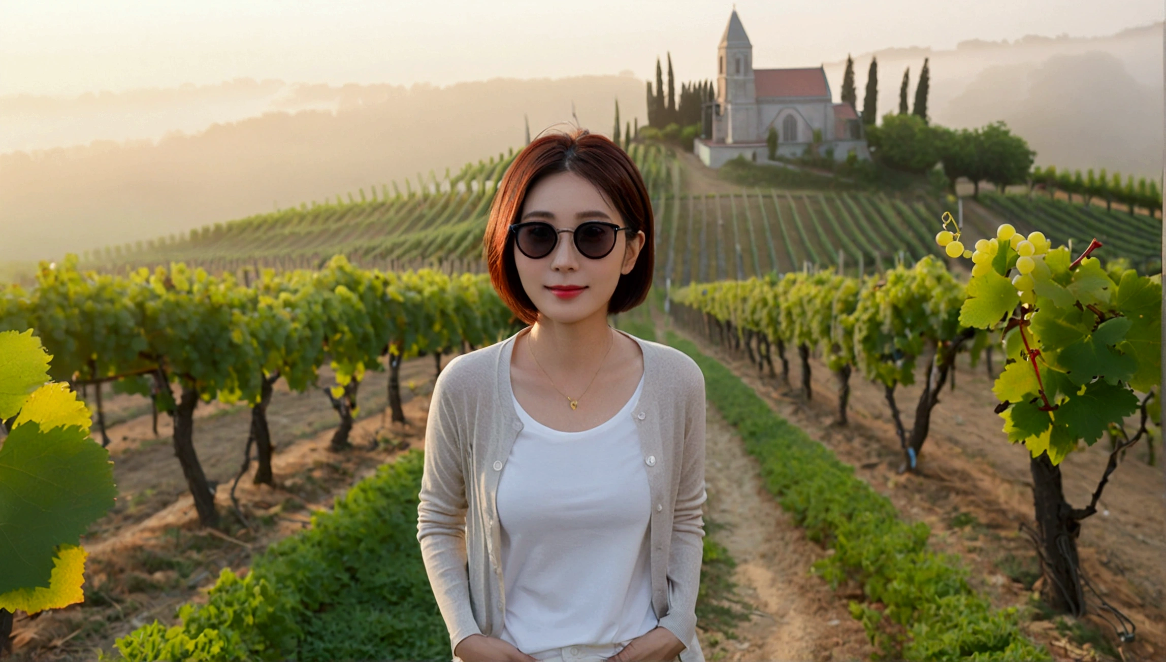8k realistic, lifelike photo,, 36 year old Korean woman, Short in stature, pretty like a model. front view, White shirt and short cardigan, casual pants, short medium hair, Smiley, Italy. vineyard, thick dawn fog. vineyard 지나 짙은 안개 속으로 저 멀리 성당이 보인다. Full body shot from afar with a wide angle lens , 1 woman, Short in stature, looking at the camera, Excellent picture quality, The morning fog is thick, The picture quality is alive. Full body shot with Canon 16-35 wide angle lens, Wearing black horned sunglasses and looking up to the side, The cathedral is visible in the red morning sunlight., standing on a hill path. grapes not ripe