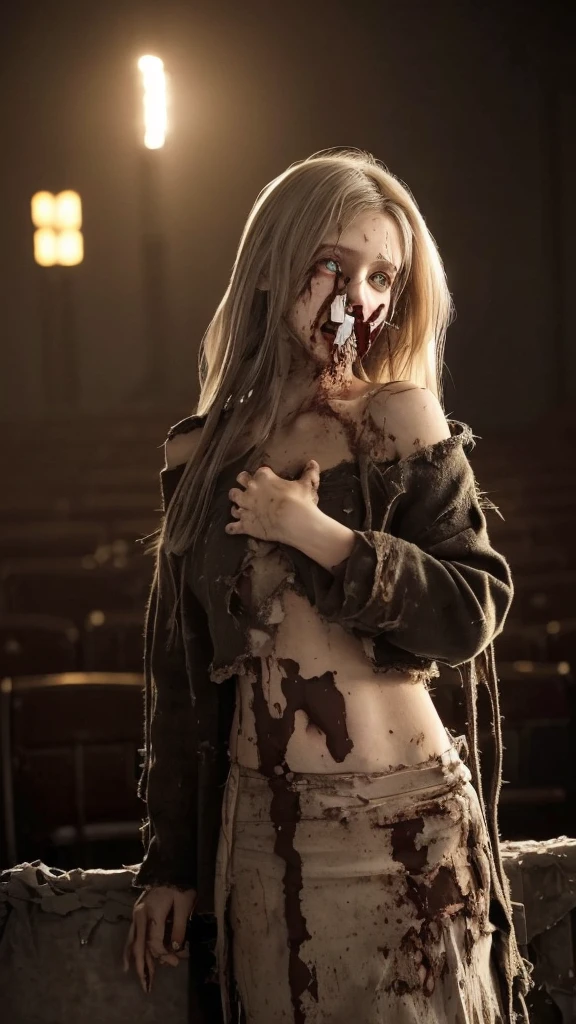 War ruins, (Pale girl:1.4), (standing on the edge of death:1.5), ((In tattered and tattered clothes:1.4, Dirty body:1.4, Hit several bullets in the abdomen.:1.4, bleeding from the body:1.2, Vomiting blood from the mouth:1.2)), beautiful girl, Young face, Highest quality, 8ก, Masterpiece, (Detailed eyes and face:1.3), (detailed hands), Professional photography techniques, movie theater lighting, (tears from eyes), ((dying expression:1.3))