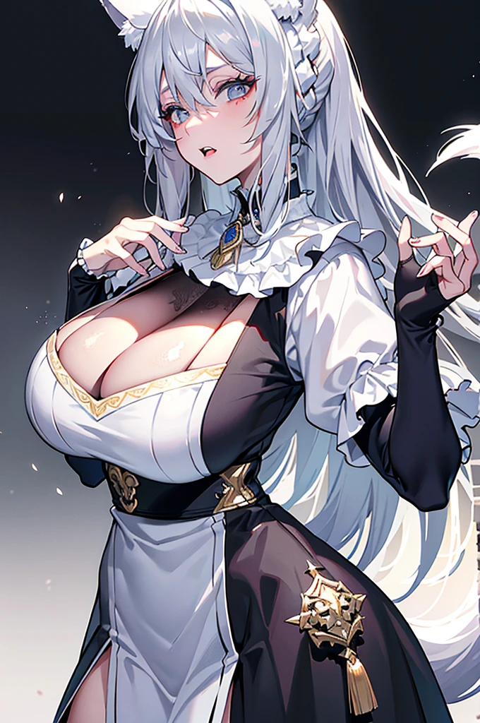 best qualtiy,tmasterpiece,The is very detailed,4K,Gray hair and shallow eyes,Drag cool expressions,Wolf ears, scar on the left eye,British style,1girl,Absolutely beautiful, huge breaste costume, animal ear Scrunchie