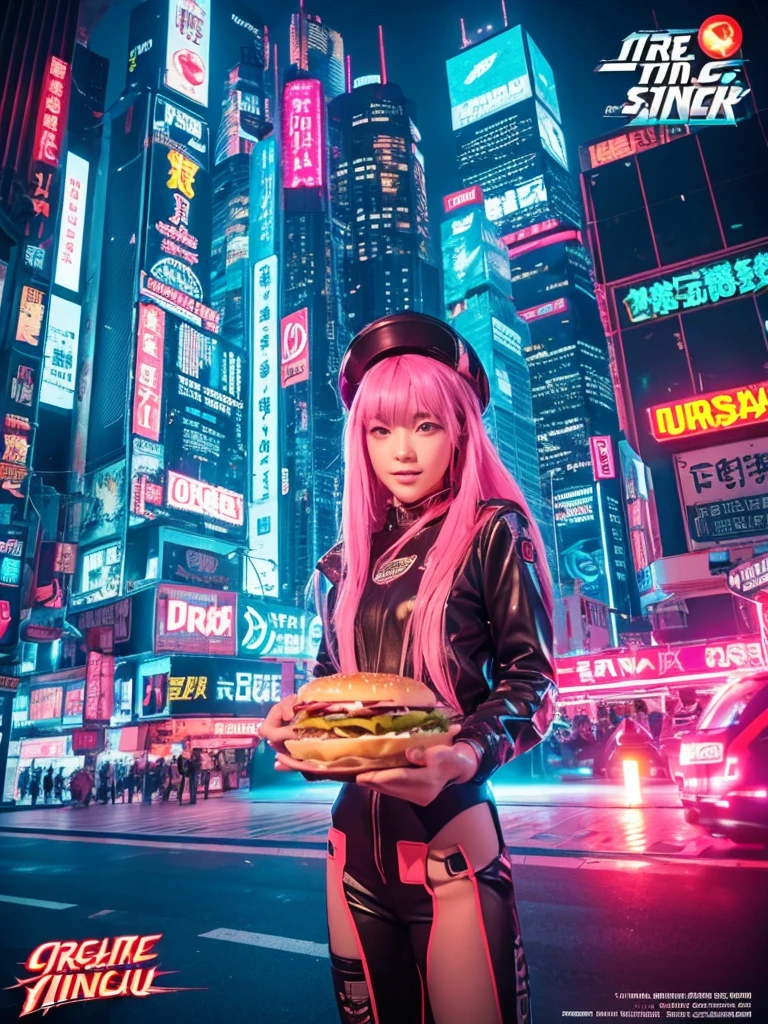 Create image poster concepts Cyberpunk Manga Madness Poster
Background: A bustling cyberpunk cityscape with towering skyscrapers, neon signs, and holographic projections of burgers and fries casting colorful glows in shades of neon blue, purple, and pink.

Character: In the center of the poster, a young woman with vibrant pink hair and large, glowing eyes in a cyberpunk manga style. She is depicted taking a big bite out of a digital-rendered burger, displaying a look of pure enjoyment and excitement.

Fast Food Imagery: Around the character, floating holographic projections of various futuristic fast food items:

Digital pizza slices with glowing toppings
Holographic onion rings emitting digital steam
Neon-lit milkshakes with swirling colors
Typography:

Bold, glowing red "Fast Food Frenzy!" heading with digital effects, placed prominently at the top of the poster.
Floating speech bubble with animated "Get Your Grub On!" tagline in futuristic font, positioned near the character to emphasize the theme.
Color Scheme: Vibrant and electric palette with neon blues, purples, pinks, and digital greens, creating a visually striking cyberpunk atmosphere.

Additional Elements:

Floating holographic icons of a digital ketchup bottle, soda cup, and high-tech chef hat scattered strategically around the poster to enhance the futuristic theme.
Final Touches: Ensure the layout is dynamic and balanced, with enough space for the manga character to stand out amidst the vibrant cyberpunk environment. Incorporate digital effects and neon glows to reinforce the futuristic aesthetic.