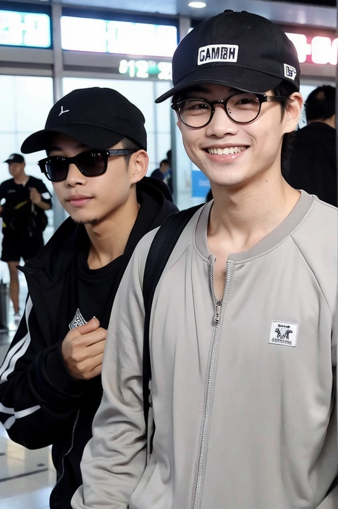 Vietnamese boy. He smiles, while being photographed by paparazzi. He wears a jogging suit and a cap with glasses. He is at the airport. His hair is black and well styled. He is tall and muscular and has light skin. 